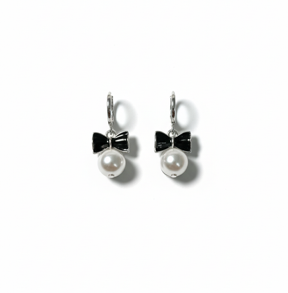 Noir Bow Pearl Drop Earrings