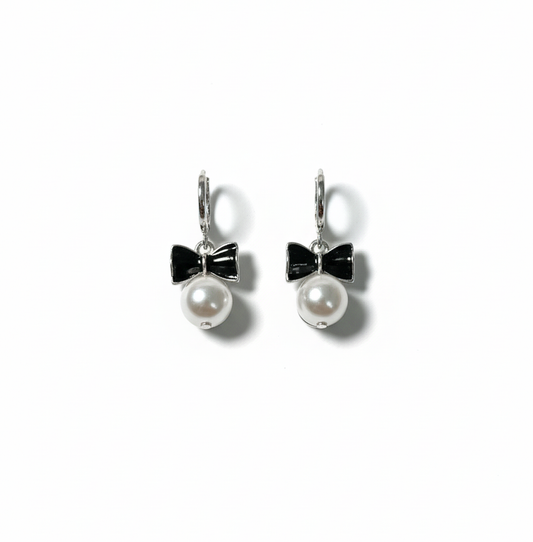 Noir Bow Pearl Drop Earrings