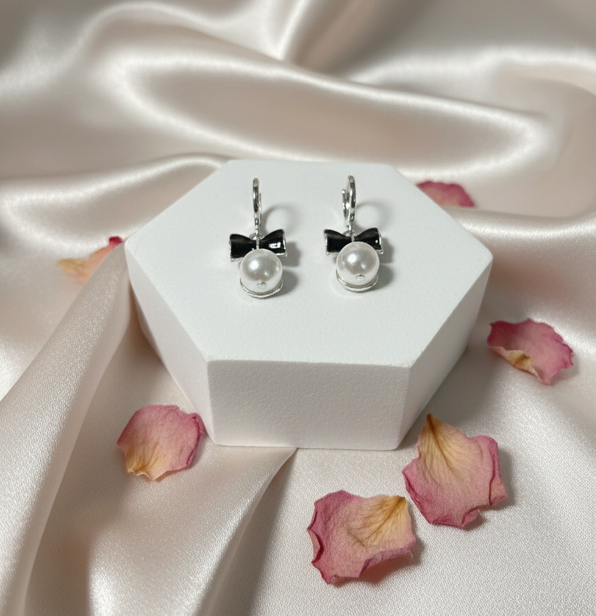 Noir Bow Pearl Drop Earrings