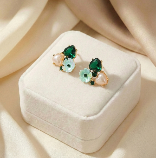 Emerald Bloom Pearl Studs